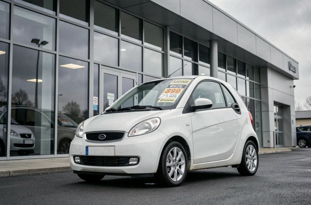 Voiture sans permis blanche devant une concession automobile avec affiche de mensualité