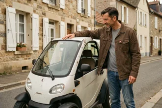 Homme examinant une petite voiture sans permis d'occasion garée dans une rue résidentielle française