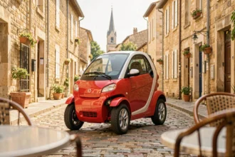 Voiture sans permis rouge garée dans une rue pavée d'une ville du sud de la France, style Albi