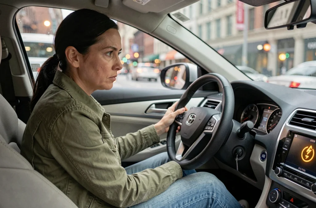Conductrice observant le voyant moteur allumé sur le tableau de bord de sa voiture en ville