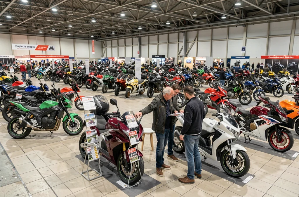 Vue d'ensemble du salon du 2 roues avec motos exposées et visiteurs en discussion