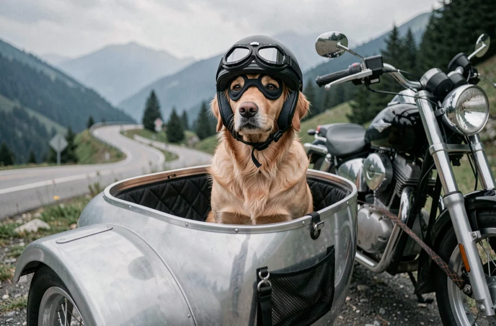 Chien golden retriever équipé de lunettes et casque dans un side-car en aluminium garé à un belvédère de montagne