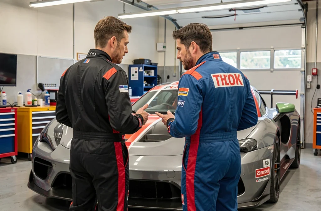 Deux pilotes en combinaison discutant devant une voiture de GT dans un stand