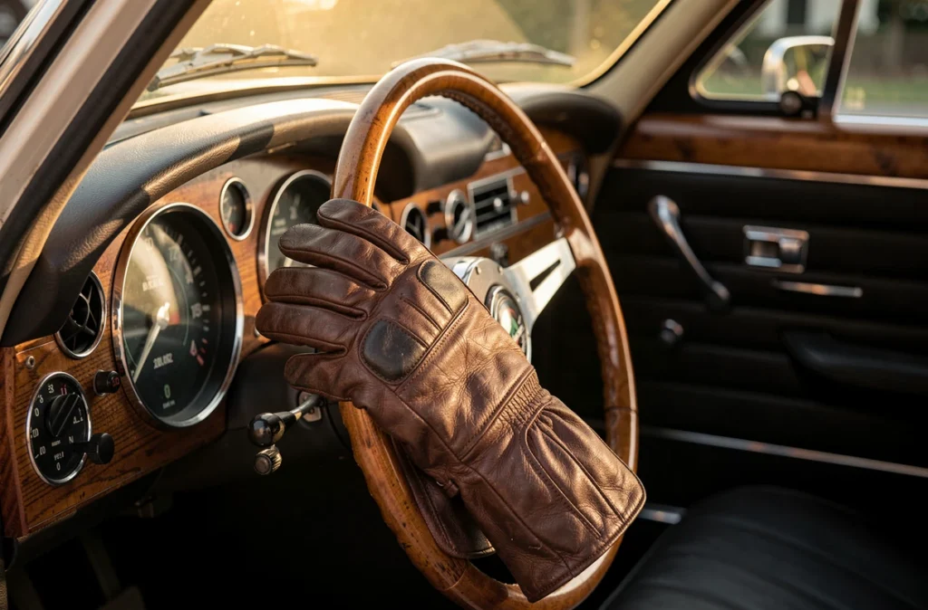Gants de conduite en cuir posés sur le volant en bois d'une voiture ancienne
