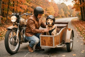 Homme préparant son chien golden retriever dans un side-car en bois pour une balade à moto sur route de campagne en automne